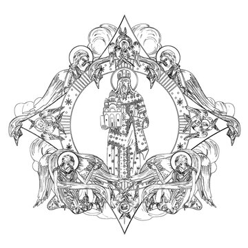 recommend clip art: Stefan Urosh V (name english). Religious dome with apostles and angels in sky. Coloring page in Byzantine style