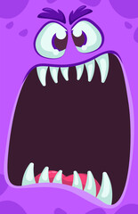 Monster face with funy expression opened mouth blank space banner for text. Halloween design element for banner or decoration party