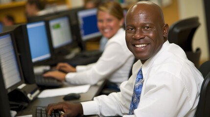 A diverse group of office workers engages in productive tasks at their computers, smiling and focusing on their screens, highlighting a collaborative workplace during business hours