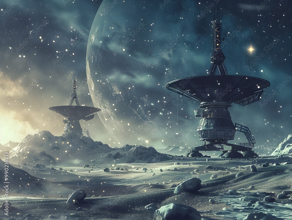 Poster futuristic satellite dish array receiving signals from deep space on icy interstellar communication 