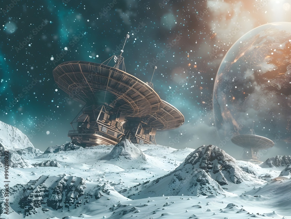 Canvas Prints futuristic satellite dish array receiving interstellar signals on icy alien planet