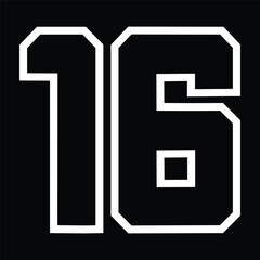 16 Classic Vintage Sport Jersey / Uniform numbers in black with a black outside contour line number on white background for American football, Baseball and Basketball or soccer for shirt