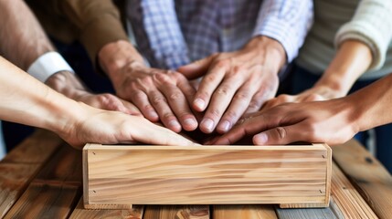 Multiple hands from diverse individuals come together around a wooden box, symbolizing collaboration and teamwork in an outdoor environment. The unity reflects shared ideas and efforts