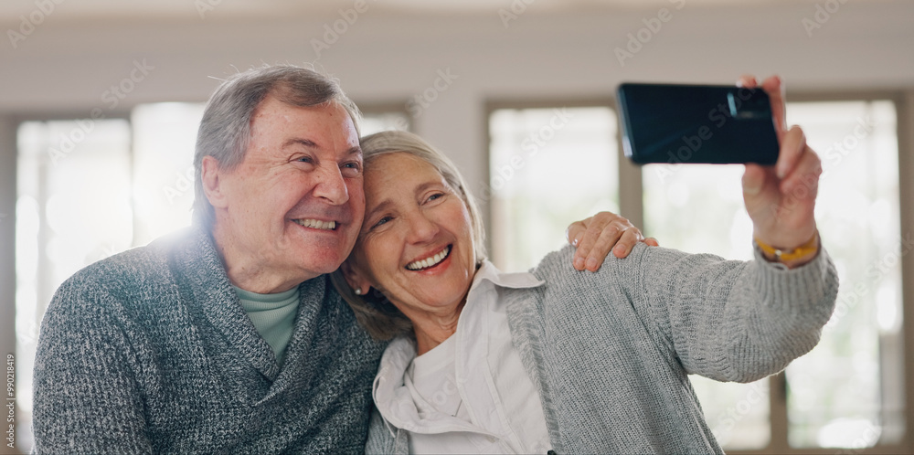 Canvas Prints Senior couple, selfie and hug in home, photography and online for social media post in living room. Elderly people, happy and embrace for security in relationship, love and profile picture for memory