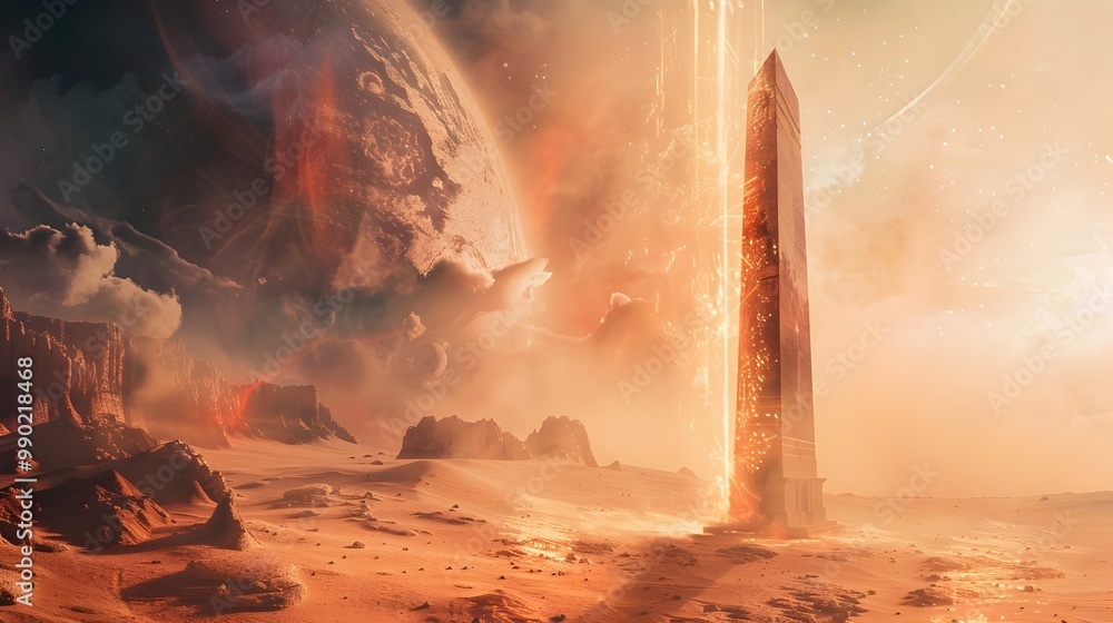 Poster towering alien obelisk transmitting interstellar communication on desolate desert planet