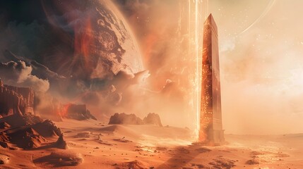 Towering Alien Obelisk Transmitting Interstellar Communication on Desolate Desert Planet