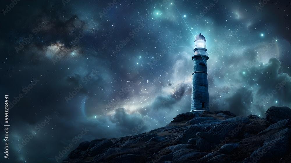 Poster cosmic lighthouse sending interstellar signals across the galaxy from distant world
