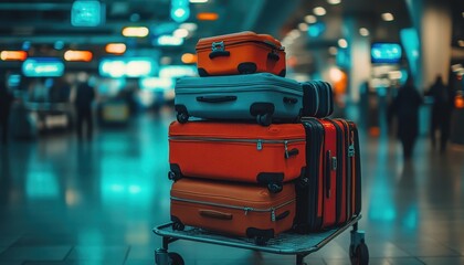 Colorful travel suitcases stacked on a cart at an airport terminal, ready for an adventure.