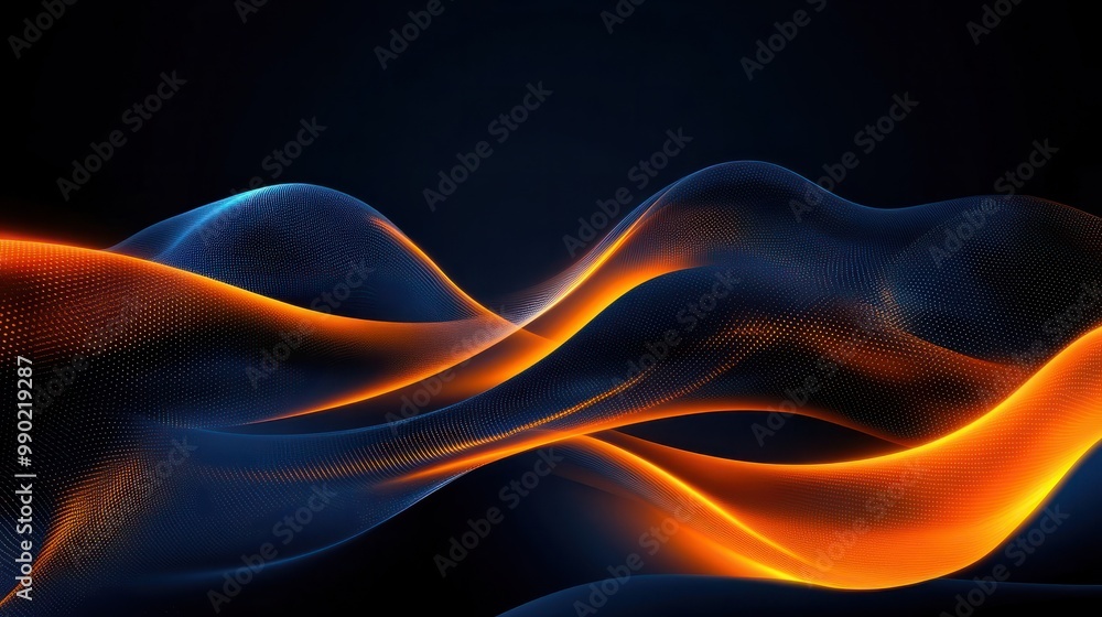 Poster abstract dark background with orange and blue waves of digital data flowing in the style of light bl