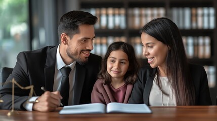 Migrant family receiving legal advice from an attorney, expressions of concern and hope, sense of guidance and protection, office setting with legal books and documents