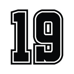 19 Classic Vintage Sport Jersey  Uniform numbers in black with a black outside contour line number on white background for American football, Baseball and Basketball or soccer for shirt