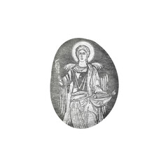 Christian illustration of Archangel Raphael in Byzantine style. Decorative scrapbook element on pebble isolated