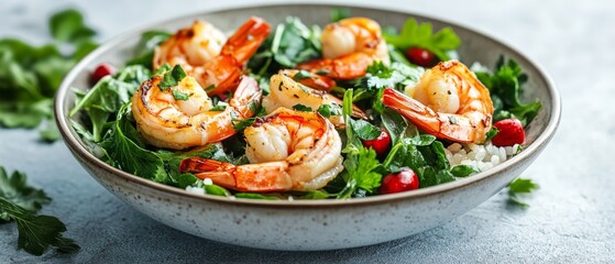 A vibrant bowl of grilled shrimp sits atop a bed of fresh greens, adorned with pomegranate seeds and garnished with herbs, showcasing a flavorful salad