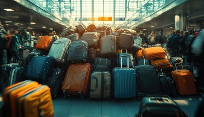 A chaotic scene of stacked luggage in an airport, highlighting travel frenzy and the challenges of modern transportation.