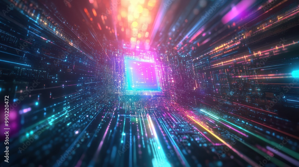 Poster ai word on microchip and colorful light spread with strong beam , ai concept with copyspace banner b