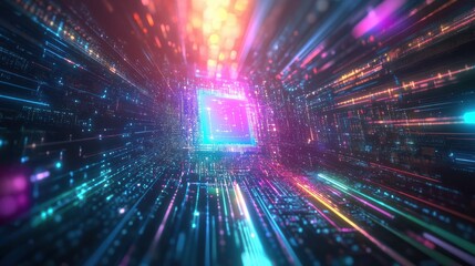 Fototapeta premium AI word on microchip and colorful light spread with strong beam , AI concept with copyspace banner background, Generative AI.