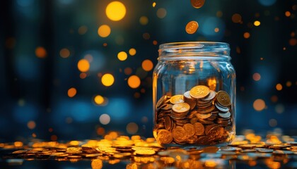 A glass jar filled with coins, illuminated by soft bokeh lights, creating a warm and inviting atmosphere.
