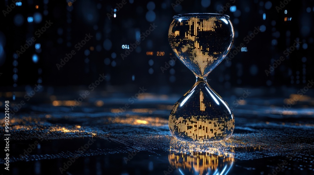 Poster an hourglass with digital pixels or binary codes flowing like sand