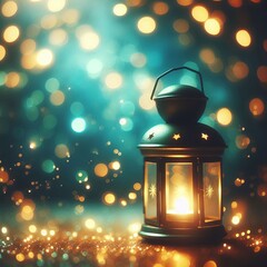 A Christmas lantern with a candle shines brightly in the night surrounded by delicate snowflakes
