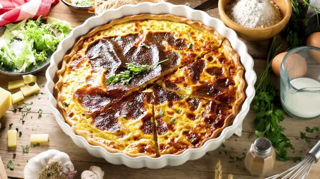 Close-up of a slice of Quiche Lorraine with salad and a fork &ndash; savory French dish perfect for lunch or brunch, combining creamy custard with bacon and cheese.
