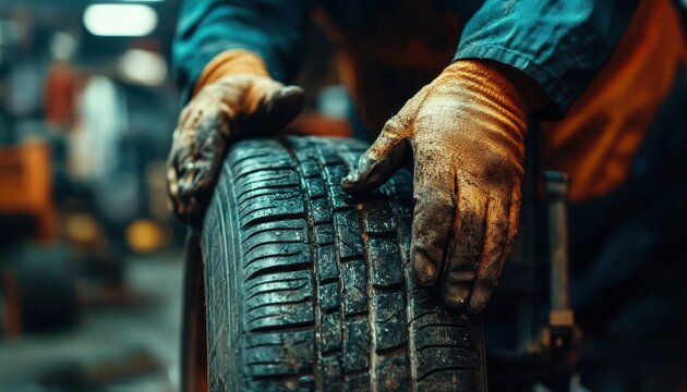 A mechanic inspects a tire with skilled hands in a workshop, highlighting maintenance and attention to detail.