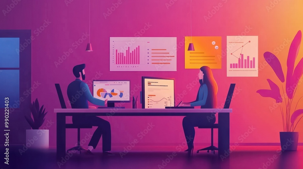 Poster analytics concept in flat design with people. men and woman analyzing and researching business data,