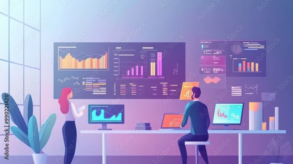 Aufkleber analytics concept in flat design with people. men and woman analyzing and researching business data,