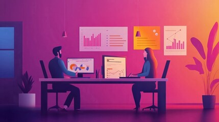 Analytics concept in flat design with people. Men and woman analyzing and researching business data, work with financial graph at dashboard. Illustration with character scene for web banner