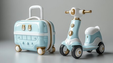 Children's vibrant beautiful suitcase is combined with a children's scooter, the front of the suitcase with a handle and the back of the scooter
