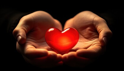 Fototapeta premium A pair of hands gently cradles a glowing red heart, symbolizing love, care, and compassion in a dark backdrop.