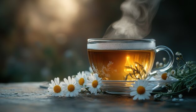 A steaming cup of tea surrounded by fresh daisies, evoking calmness and tranquility in a warm, natural setting.