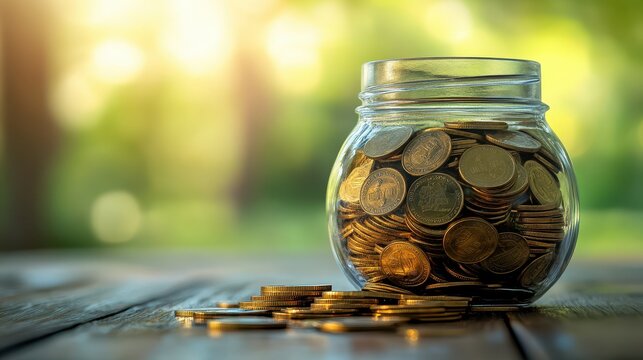 A transparent jar filled with golden coins on a wooden surface, illuminated by soft sunlight in a serene outdoor setting.
