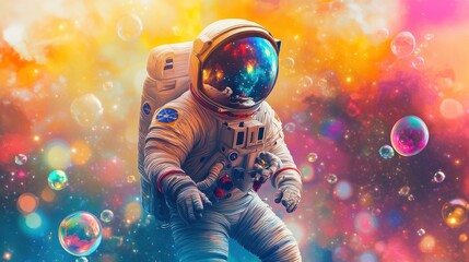 Beautiful painting of an astronaut in in a colorful bubbles galaxy on a different planet. Generative AI. Pop art concept