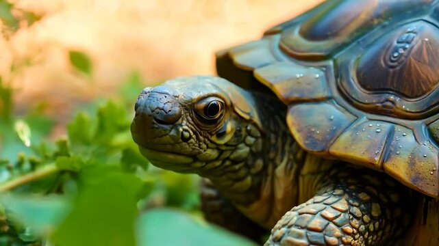 A tortoise is seen enjoying the warm sunlight while surrounded by vibrant green plants in a peaceful garden. The details of its shell add charm to the serene environment