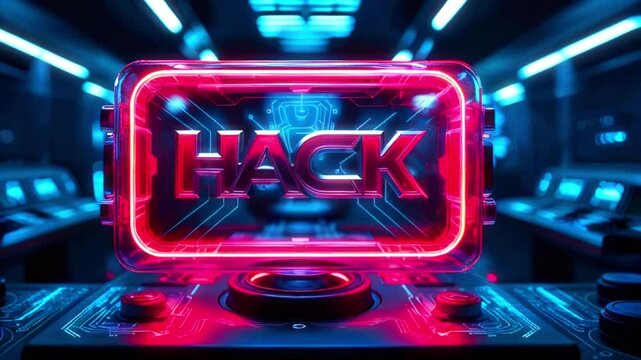 Neon sign with HACK word on futuristic circuit board.
