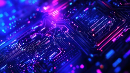 Obraz premium Blue and purple technology background circuits intertwine, illustrating the seamless fusion of advanced engineering and artistic design, Sharpen with copy space