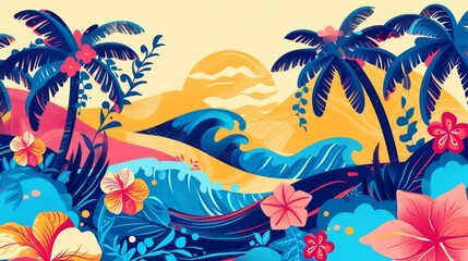Tropical Beach Sunset with Palm Trees and Ocean Waves
