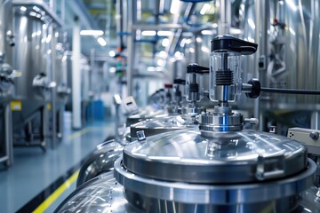 Close-up of modern industrial processing equipment in a factory setting.