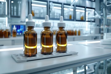 Biopharmaceuticals, Bottles of biopharmaceuticals with a modern lab backdrop