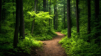 Tuinposter Bosweg A Winding Path Through a Lush Green Forest  © rehan