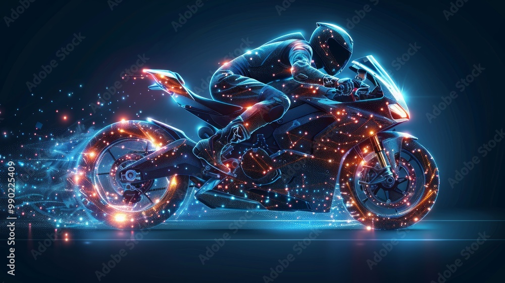 Aufkleber abstract image of a motorcycle racing in the form of a starry sky or space, consisting of points, li