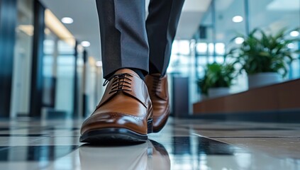 Fototapeta premium Feet of a businessman rushing in office corridor or open space because he is late to a meeting , man wearing brown suit show walking in modern office building
