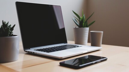 Fototapeta premium Minimalist Workspace with Laptop and Smartphone