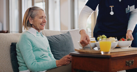 Senior woman, nurse and breakfast with food and smile, support or care with nutrition for wellness....