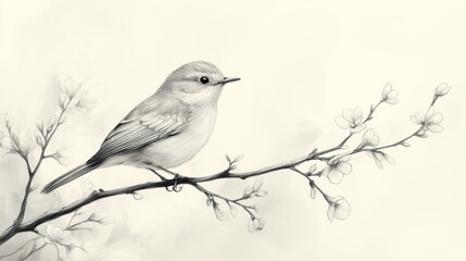 Pencil Sketch of a Bird on a Branch with Flowers
