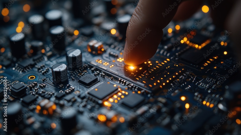 Aufkleber close-up of a circuit board with finger touching a component