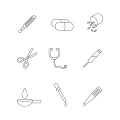 Medical equipment doodle line symbol sign icon collection. outline style. isolated illustration