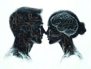Transparent head profiles of a couple, their brains illuminated with electric circuits, representing open communication and emotional intimacy