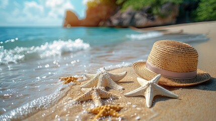 Accessories and starfishes on sunny ocean beach, space for text. Summer vacation 