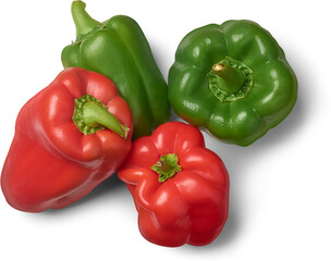 bunch of red and green color bell peppers isolated white background, sweet non spicy peppers used in cooking with vitamins and antioxidants top view